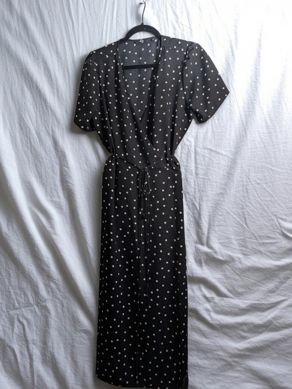 Uniqlo Black Midi Dress with Cream Polka Dots